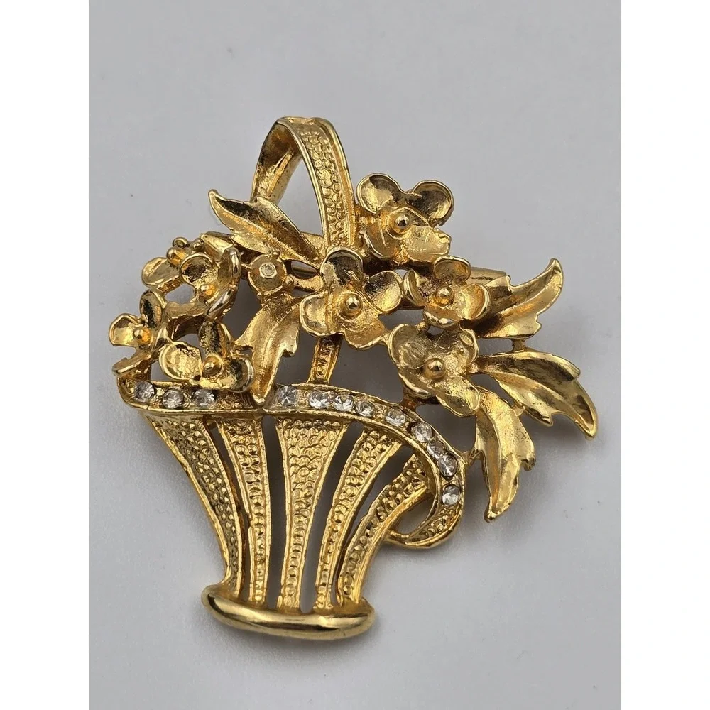 Vintage‎ Gold Tone Floral Flower Basket Brooch Pin Pendant Clear Rhinestones